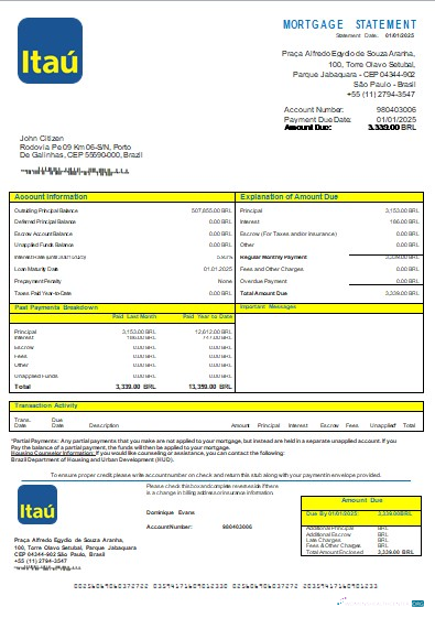 Download Brazil Itau bank mortgage statement scr Photoshop template